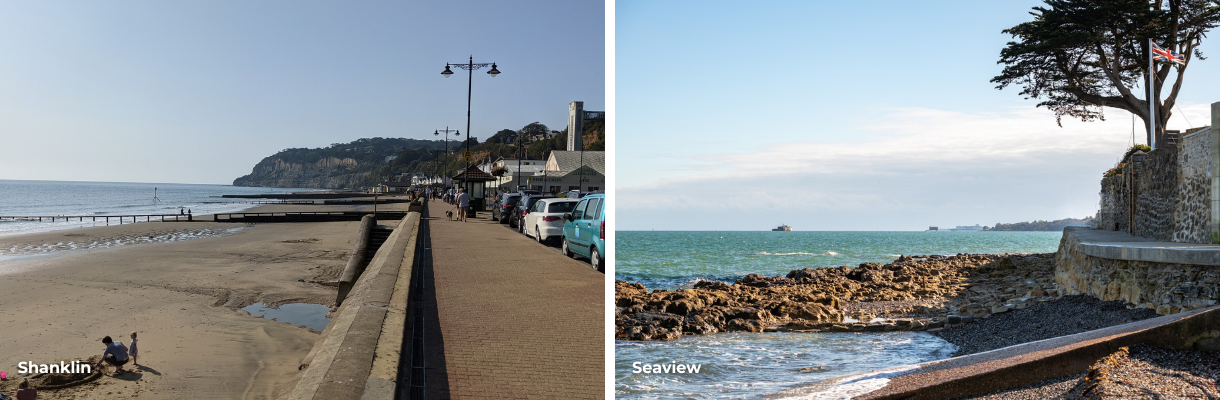 Views of Shanklin beach and the seafront at Seaview on the Isle of Wight