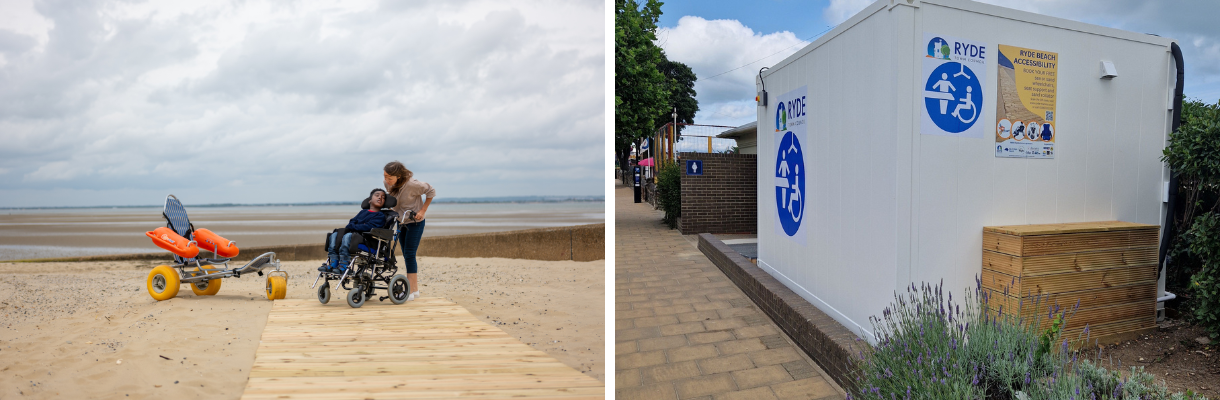 Disabled child in wheelchair on broadwalk next to beach wheelchair and Changes Places unit at Ryde beach on the Isle of Wight