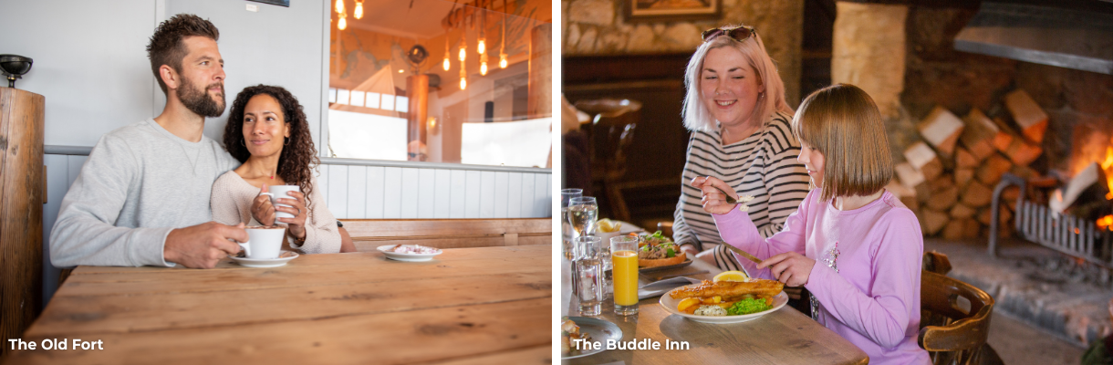 Couple with hot drinks at The Old Fort & family eating at The Buddle Inn on the Isle of Wight